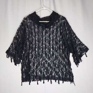 Siasia NY Sheer Lace Cowl Tassel Top Large Black Fringe 3/4 80s Glam Whimsigoth